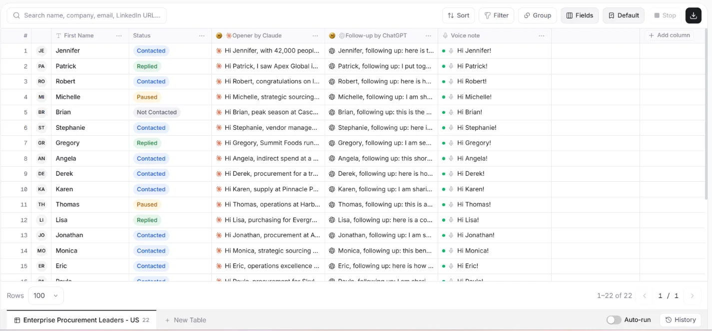 An audience table in Mercury: one row per lead, with each lead's status, an AI-written opener and follow-up, and a voice note
