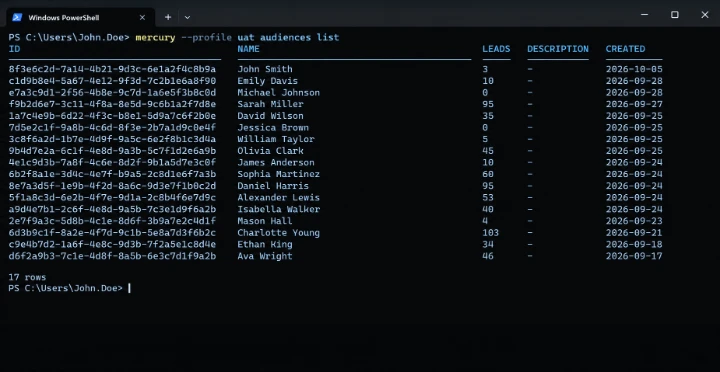 The Mercury CLI listing audiences in a terminal