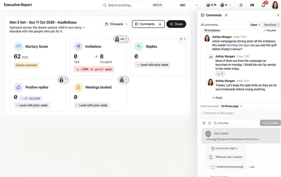 An Executive Report with a comment thread beside the numbers