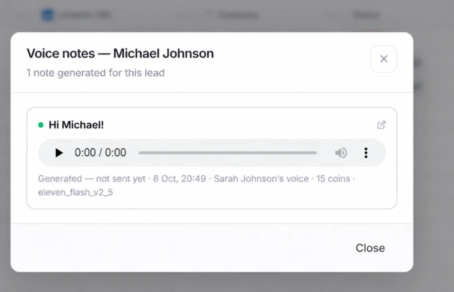 A voice note generated for one lead, with a player